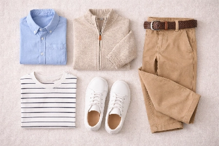 Flat lay oblečení pro kluky na třídní focení