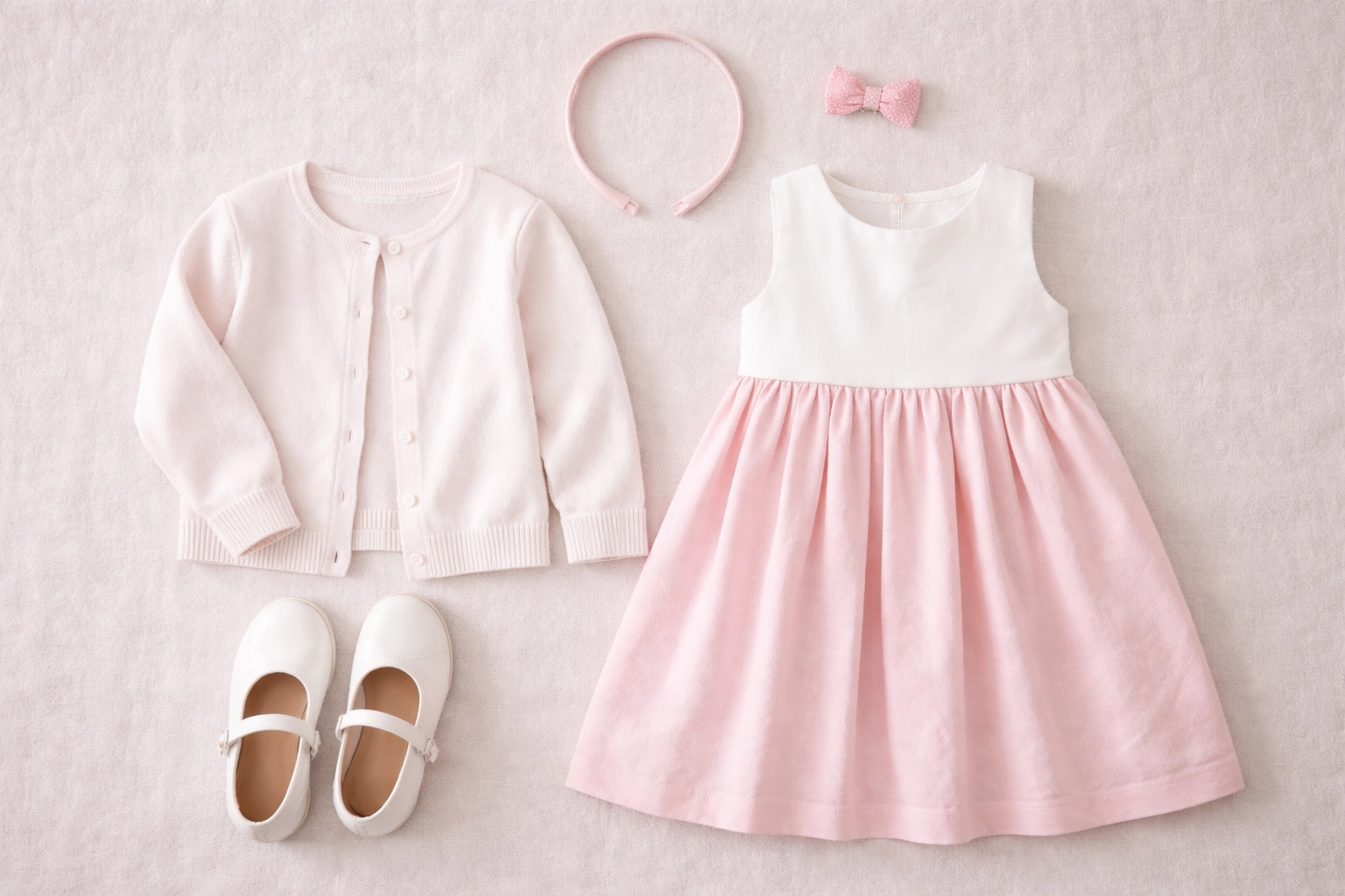 Flat lay oblečení pro holčičky na třídní focení