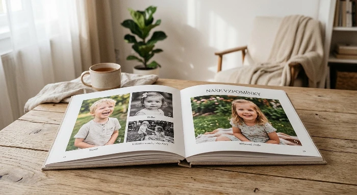 Fotokniha ze školkových a dětských fotografií položená na stole v domácím prostředí