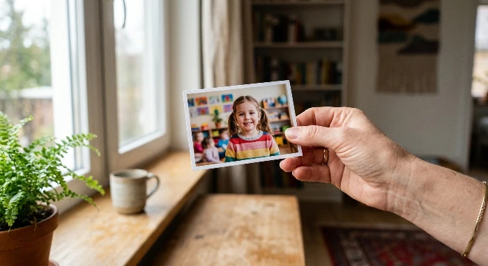 Tištěná školková fotografie držená v ruce u okna v domácím interiéru