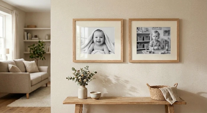 Zarámované dětské fotografie na zdi ve světlém domácím interiéru